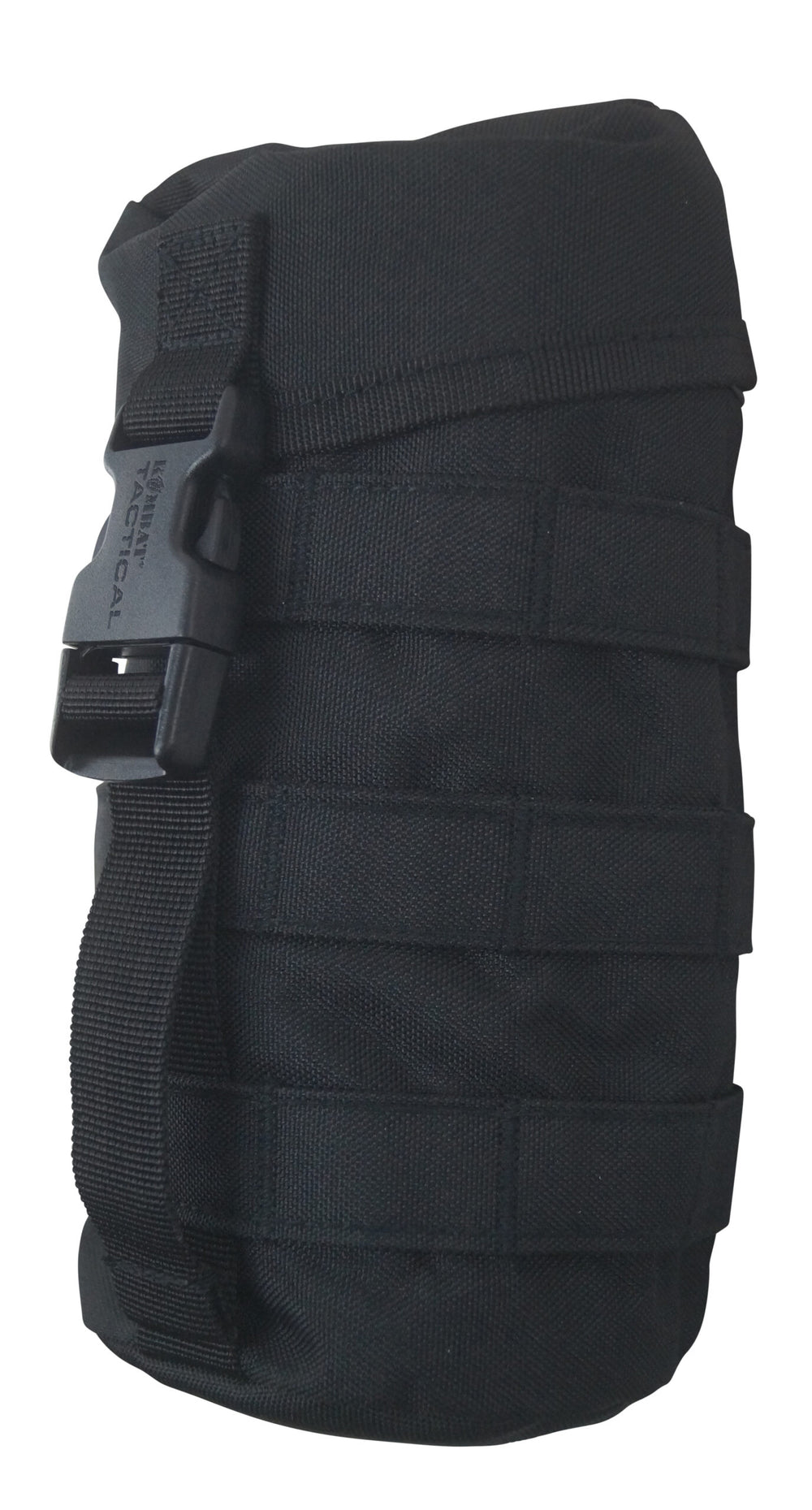 Black tactical pouch with multiple straps on a white background
