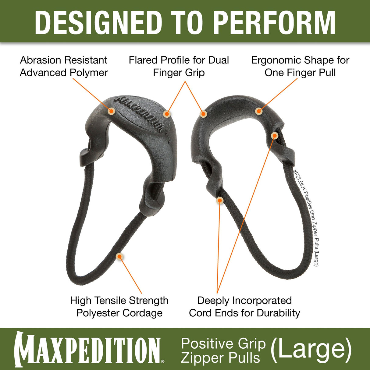 Maxpedition Large Black PZL Positive Zipper Pulls Pack of 6