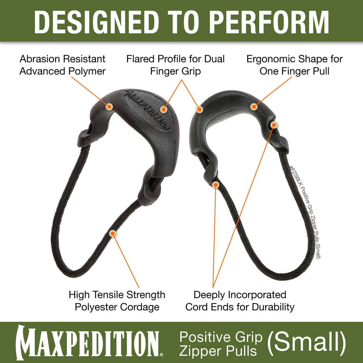 Maxpedition Small Black PZL Positive Grip Zipper Pulls Pack of 6