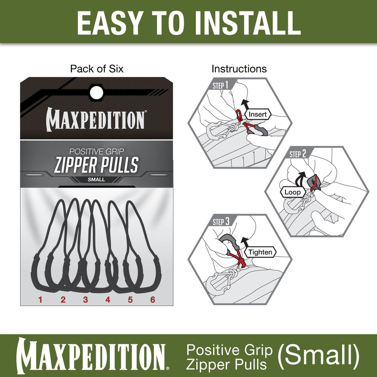 Maxpedition Small Tan PZL Positive Grip Zipper Pulls Pack of 6