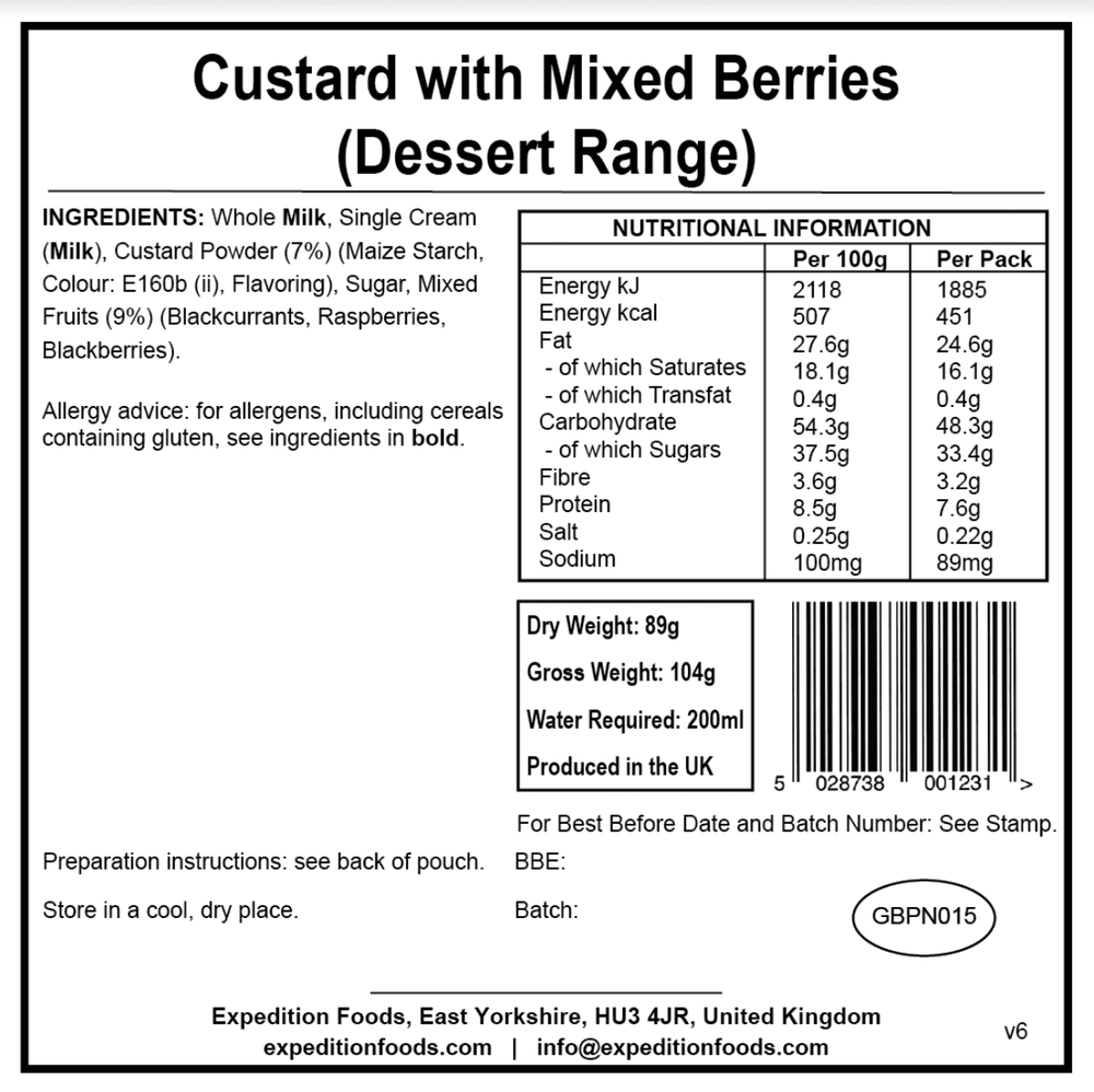 Expedition Foods Freeze Dried Meal Pouch - Custard With Mixed Berries Dessert