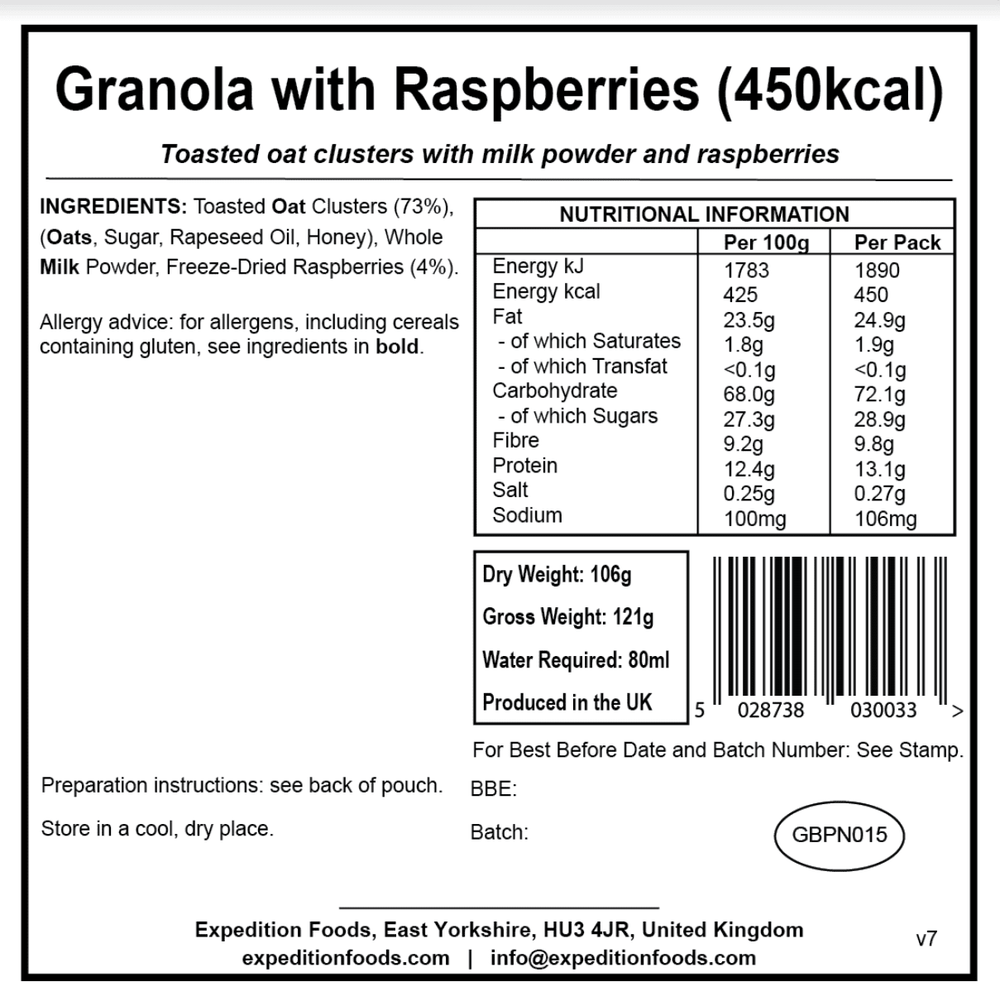 Expedition Foods Freeze Dried Meal Pouch - Granola With Raspberries - Various Sizes