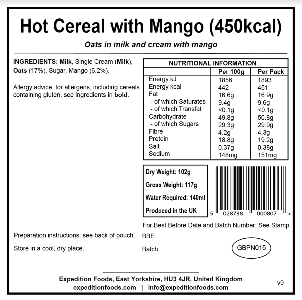 Expedition Foods Freeze Dried Meal Pouch - Hot Cereal With Mango - Various Sizes