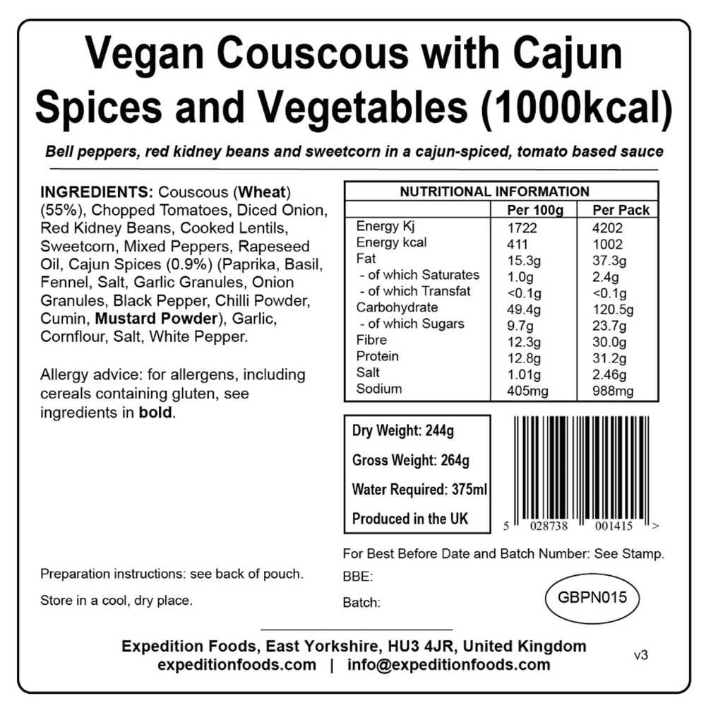 Expedition Foods Freeze Dried Meal Pouch - Vegan Couscous With Cajun Spices & Veg - Various Sizes