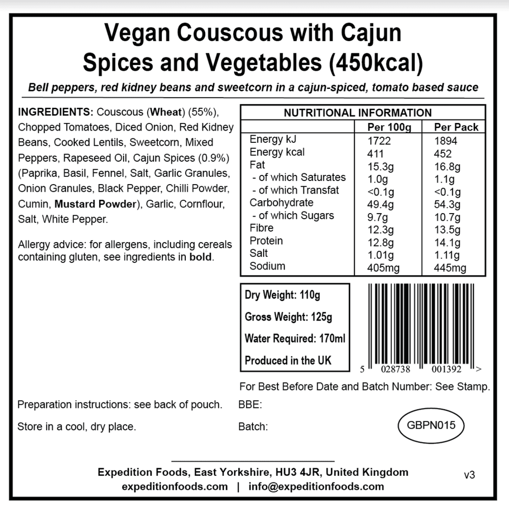 Expedition Foods Freeze Dried Meal Pouch - Vegan Couscous With Cajun Spices & Veg - Various Sizes