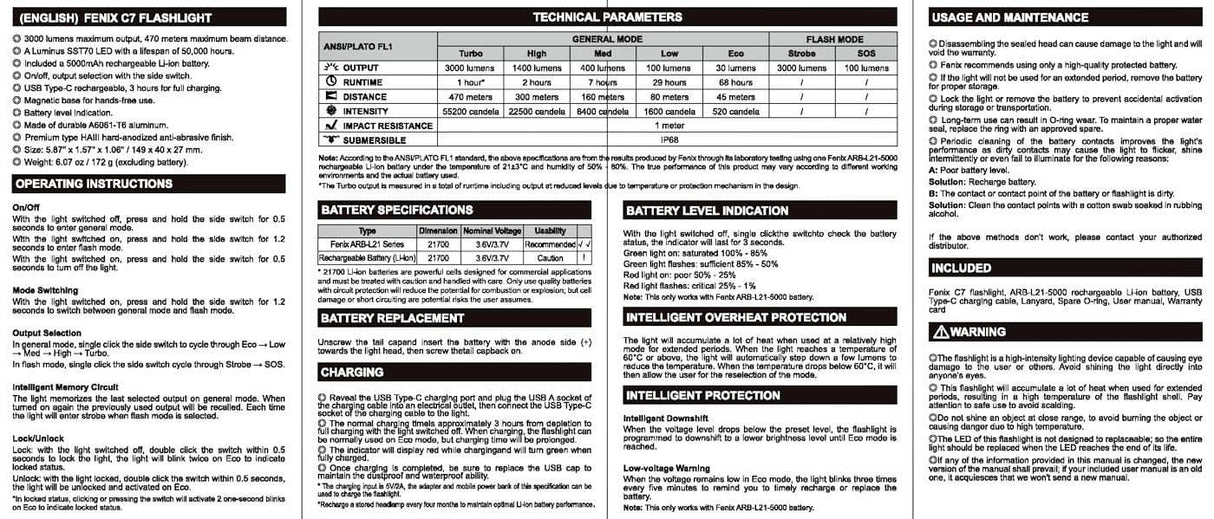 Fenix C7 3000 Lumen Rechargeable Work Light Torch