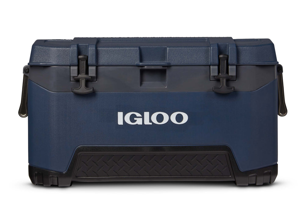 Blue cooler box with black accents and 'Igloo' branding on a white background