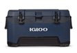 Blue cooler box with black accents and 'Igloo' branding on a white background