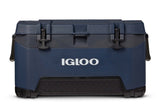 Blue cooler box with black accents and 'Igloo' branding on a white background