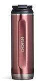 Rose gold travel mug with black lid on a white background, featuring the Igloo brand.