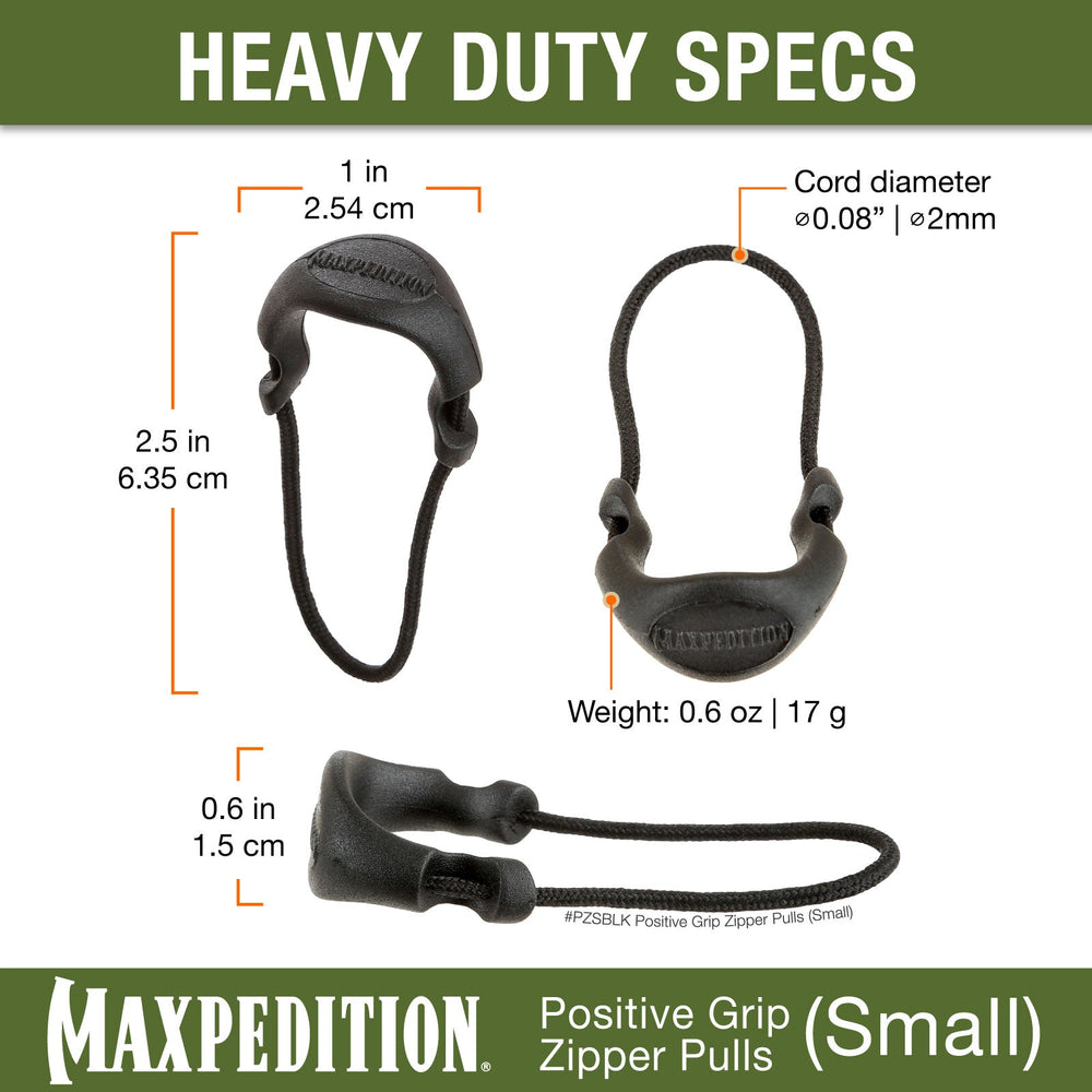 Maxpedition Small Black PZL Positive Grip Zipper Pulls Pack of 6