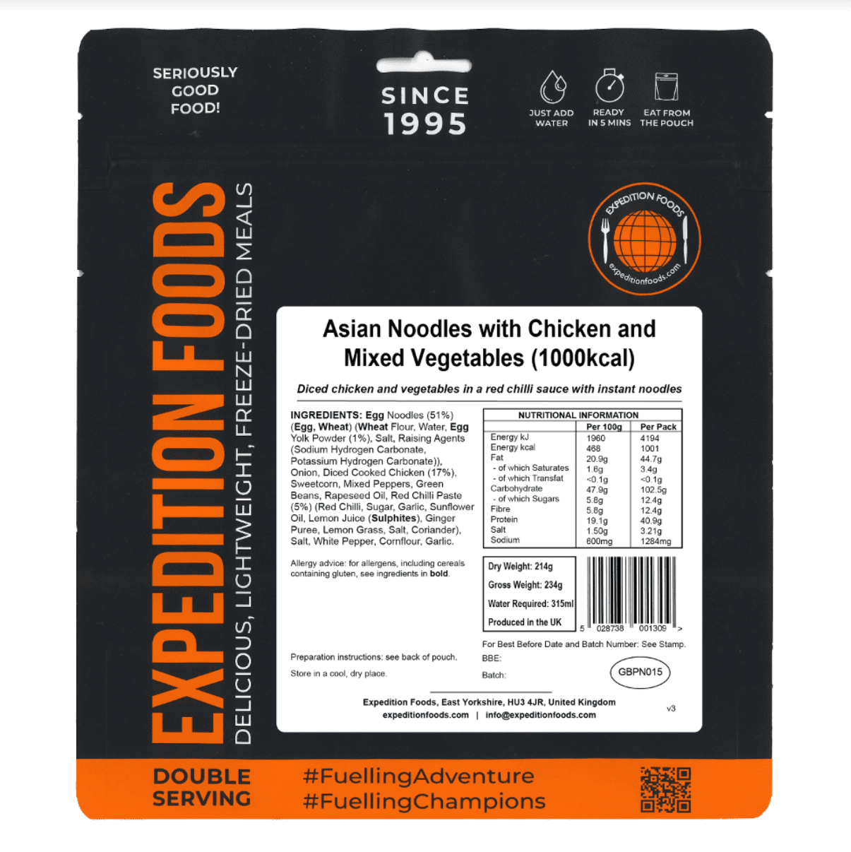 Expedition Foods Freeze Dried Meal Pouch - Asian Noodles With Chicken & Mixed Veg - Various Sizes