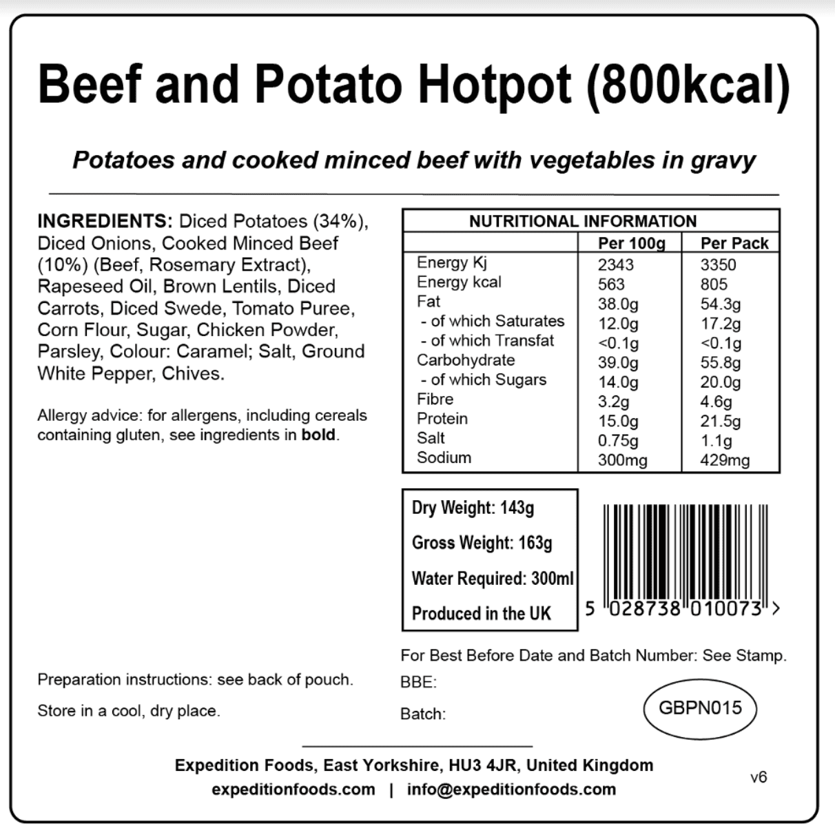 Expedition Foods Freeze Dried Meal Pouch - Beef And Potato Hotpot - Various Sizes