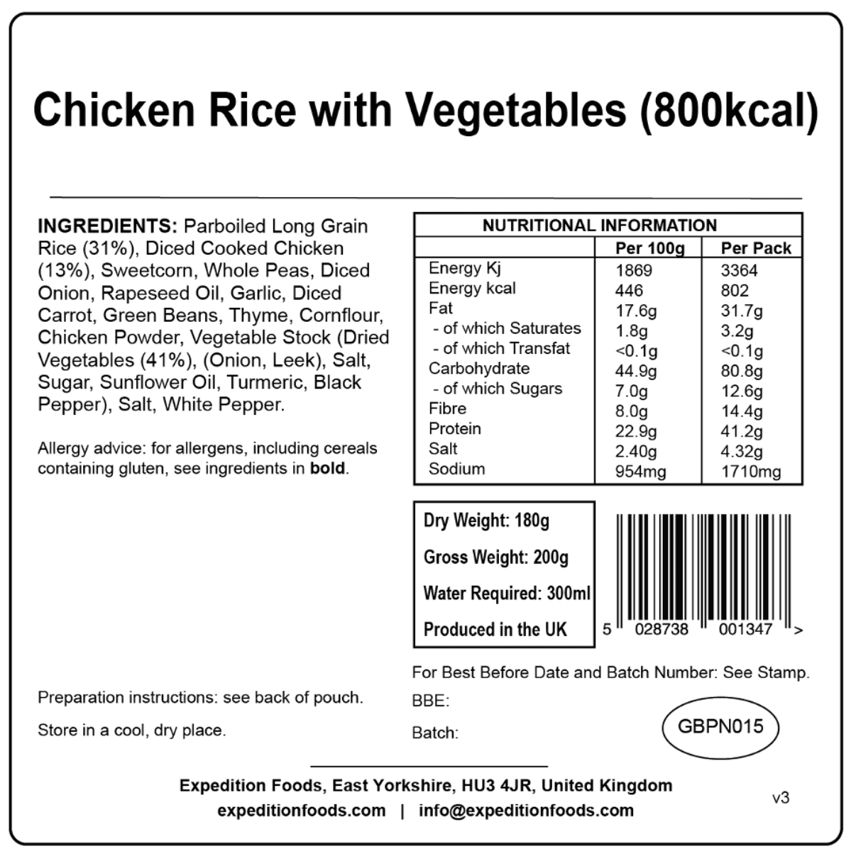 Expedition Foods Freeze Dried Meal Pouch - Chicken Rice With Vegetables - Various Sizes