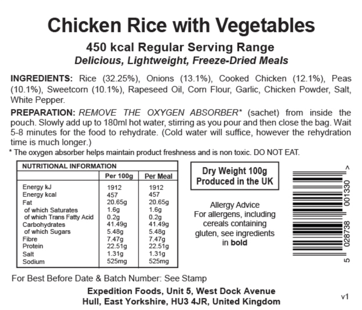 Expedition Foods Freeze Dried Meal Pouch - Chicken Rice With Vegetables - Various Sizes