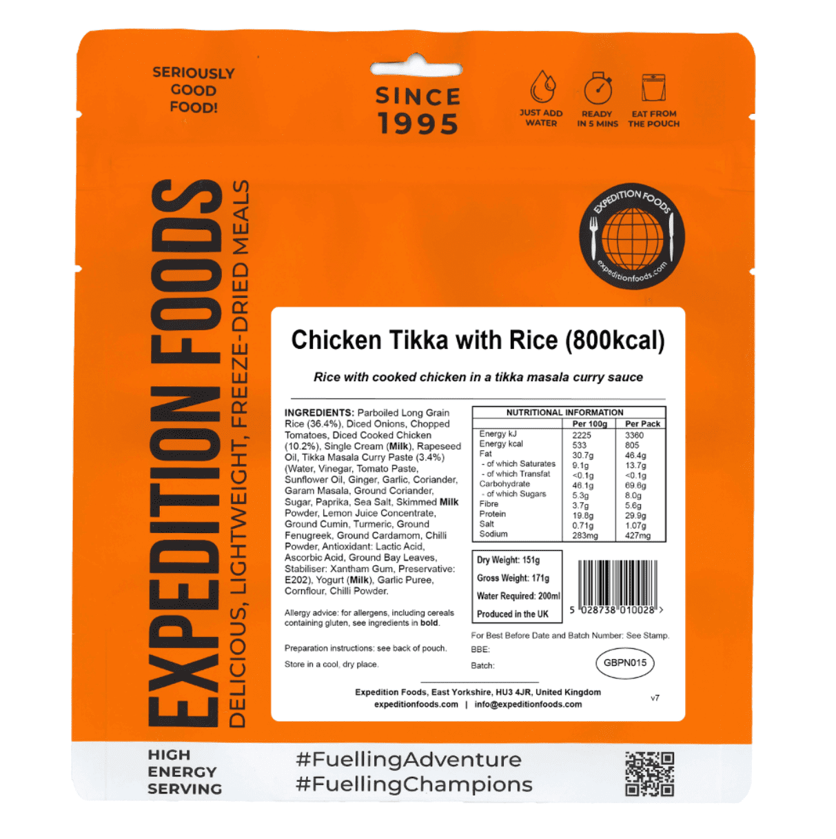 Expedition Foods Freeze Dried Meal Pouch - Chicken Tikka With Rice - Various Sizes