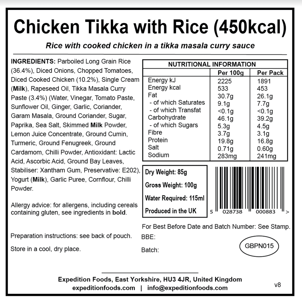 Expedition Foods Freeze Dried Meal Pouch - Chicken Tikka With Rice - Various Sizes