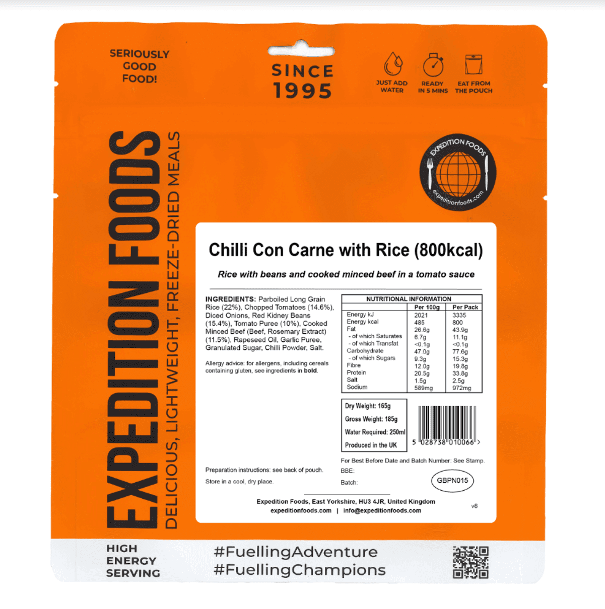 Expedition Foods Freeze Dried Meal Pouch - Chilli Con Carne With Rice - Various Sizes