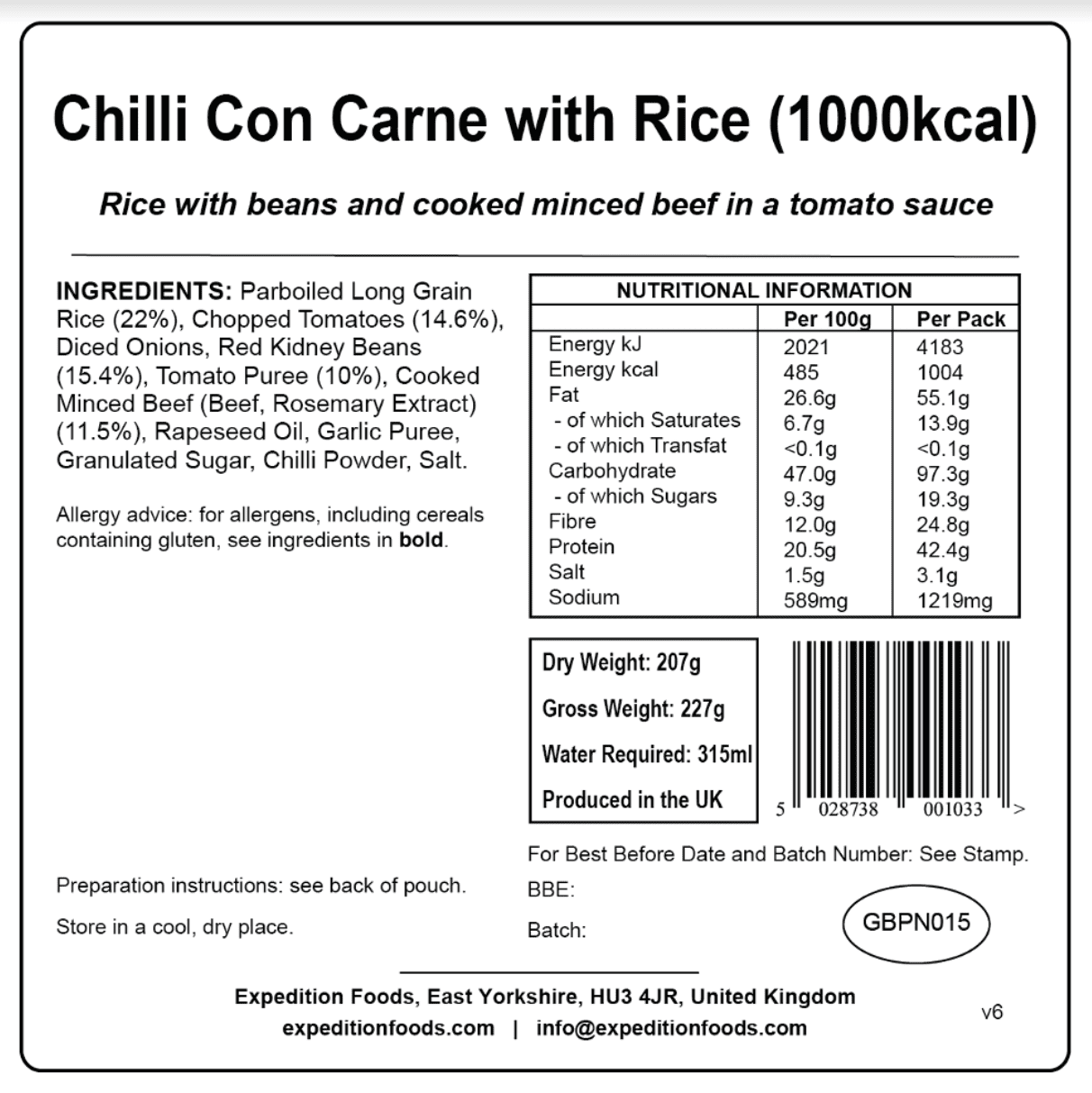 Expedition Foods Freeze Dried Meal Pouch - Chilli Con Carne With Rice - Various Sizes