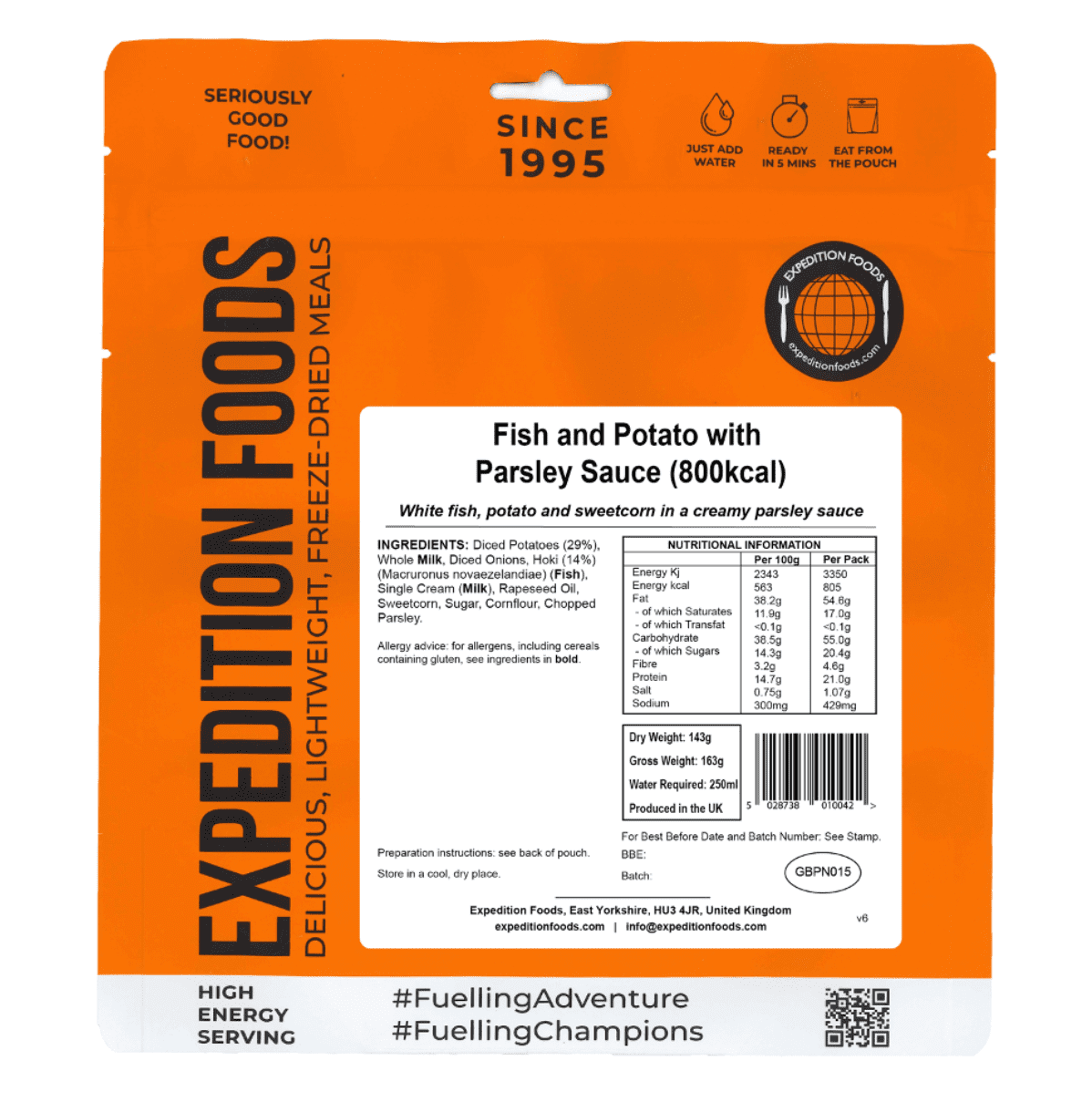 Expedition Foods Freeze Dried Meal Pouch - Fish And Potato With Parsley Sauce - Various Sizes
