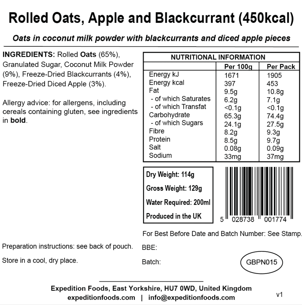 Expedition Foods Freeze Dried Meal Pouch - Rolled Oats Apple & Blackcurrant - Various Sizes