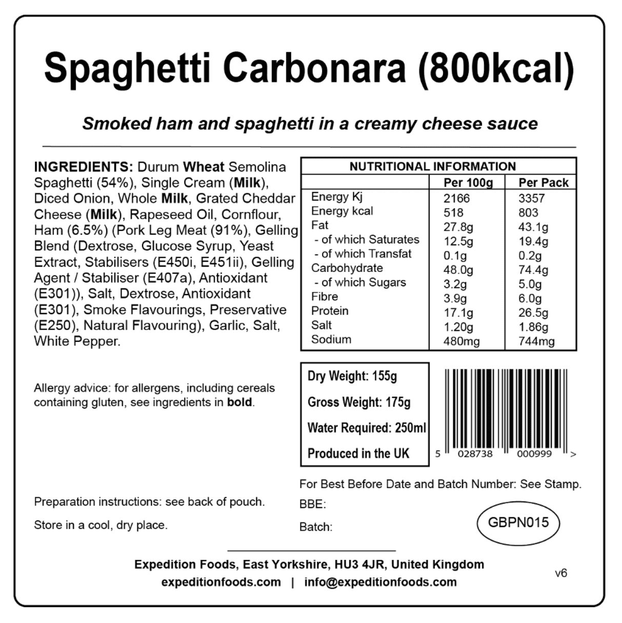 Expedition Foods Freeze Dried Meal Pouch - Spaghetti Carbonara - Various Sizes