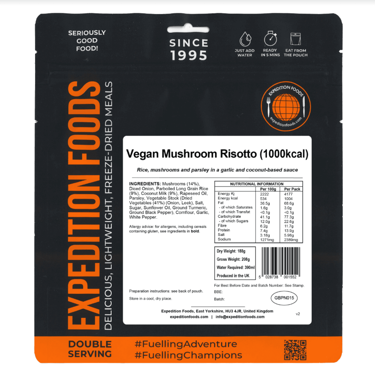 Expedition Foods Freeze Dried Meal Pouch - Vegan Mushroom Risotto - Various Sizes