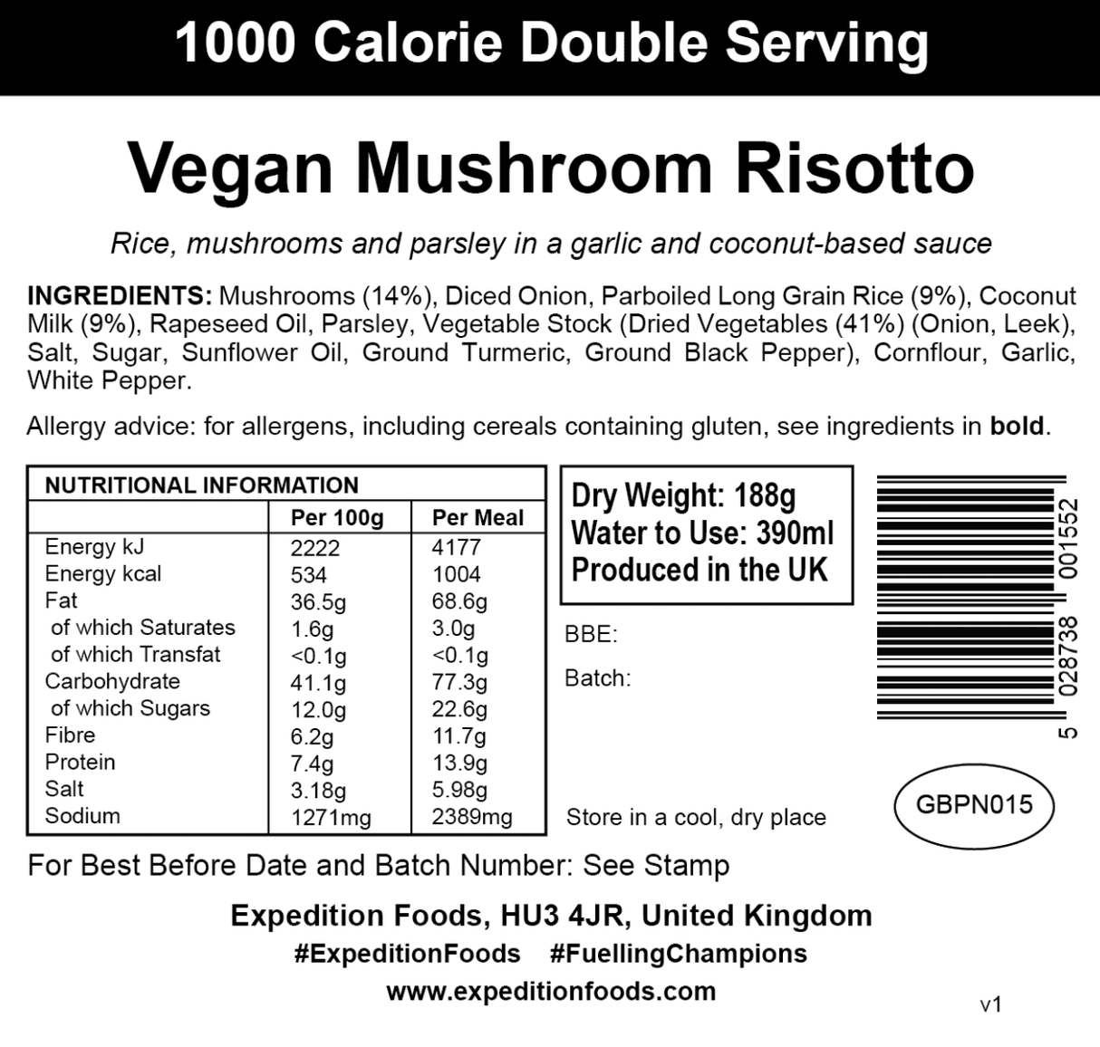 Expedition Foods Freeze Dried Meal Pouch - Vegan Mushroom Risotto - Various Sizes