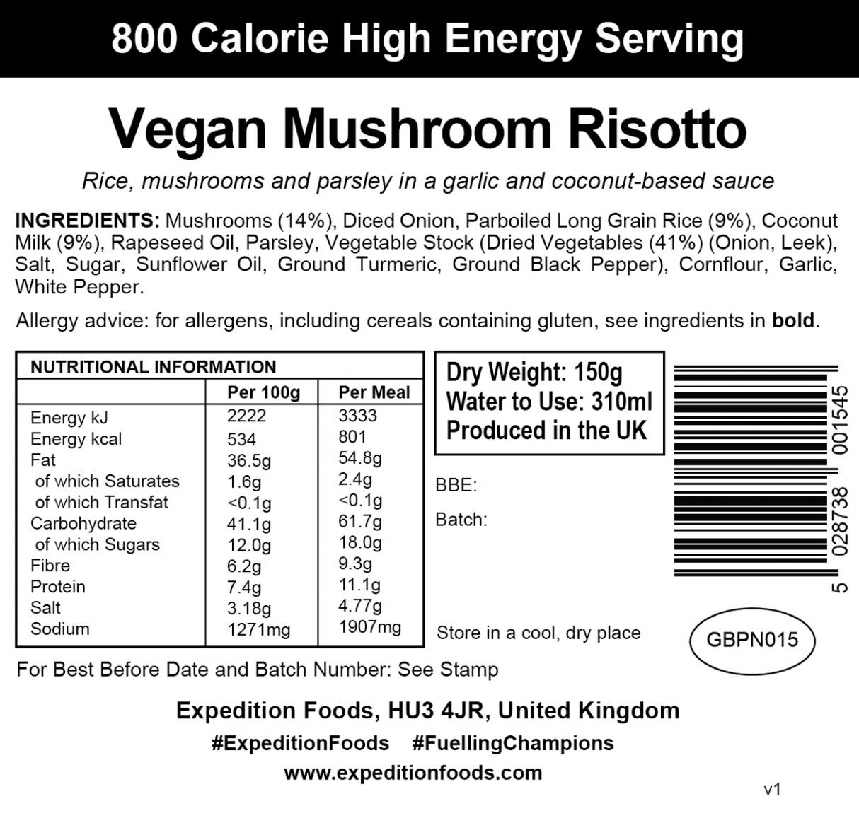 Expedition Foods Freeze Dried Meal Pouch - Vegan Mushroom Risotto - Various Sizes
