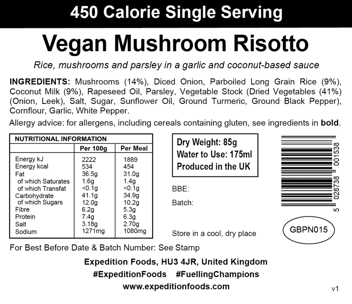 Expedition Foods Freeze Dried Meal Pouch - Vegan Mushroom Risotto - Various Sizes